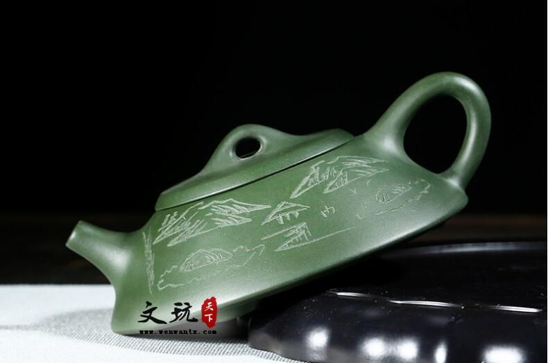 宜兴原矿正品纯全手工刻绘民国绿泥扁石瓢壶茶壶茶具-2