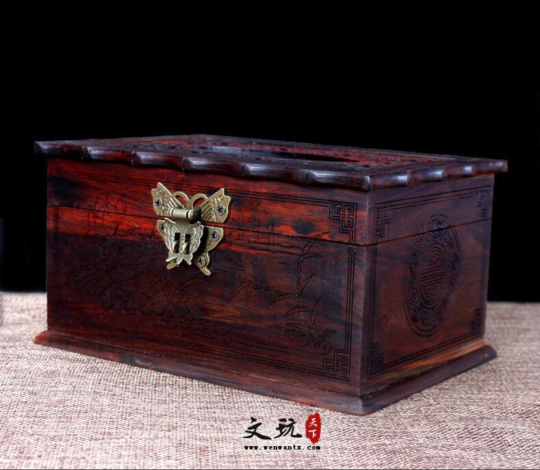 精品酸枝木木雕纸巾盒镂空雕刻古典风格-4