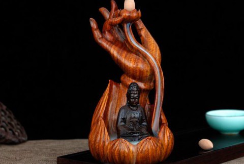 木雕佛手观音倒流香炉创意摆件木质工艺品茶道居家熏香炉