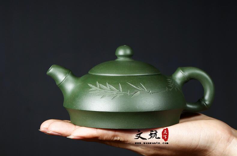 宜兴原矿民国绿泥刻绘全手工竹节半月紫砂茶壶-1