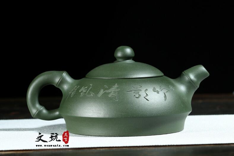 宜兴原矿民国绿泥刻绘全手工竹节半月紫砂茶壶-6