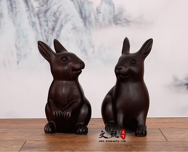 黑檀木雕招财兔子摆件乌木雕刻加工定做木质工艺品家居装饰摆件-3