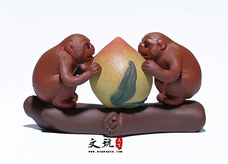 紫砂茶宠雕塑摆件手工定制猴子寿桃有福同享-1