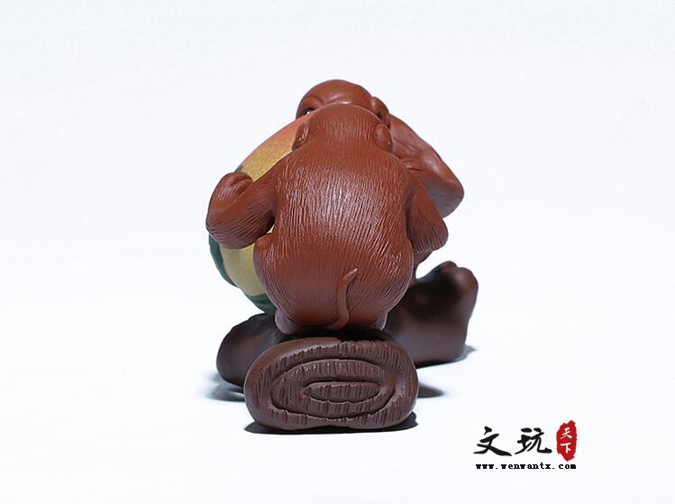 紫砂茶宠雕塑摆件手工定制猴子寿桃有福同享-5