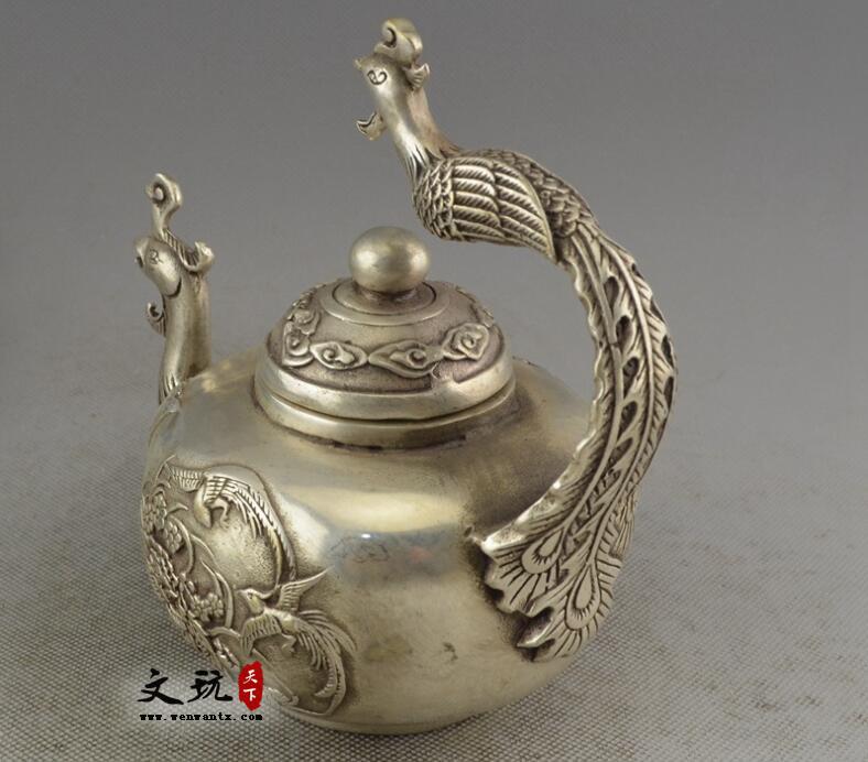 铜器收藏纯铜摆件白铜镀银黄铜 凤凰茶水壶酒壶-2
