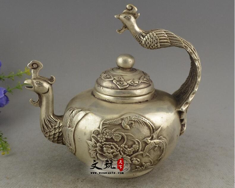 铜器收藏纯铜摆件白铜镀银黄铜 凤凰茶水壶酒壶-1