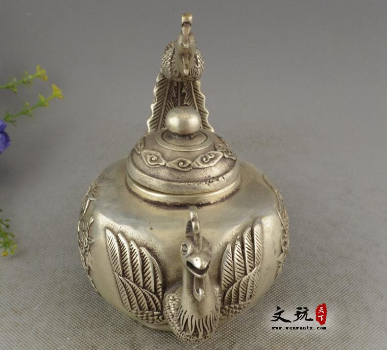 铜器收藏纯铜摆件白铜镀银黄铜 凤凰茶水壶酒壶-5