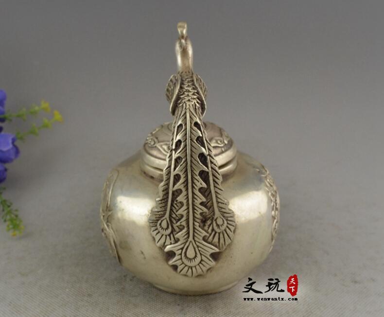 铜器收藏纯铜摆件白铜镀银黄铜 凤凰茶水壶酒壶-4