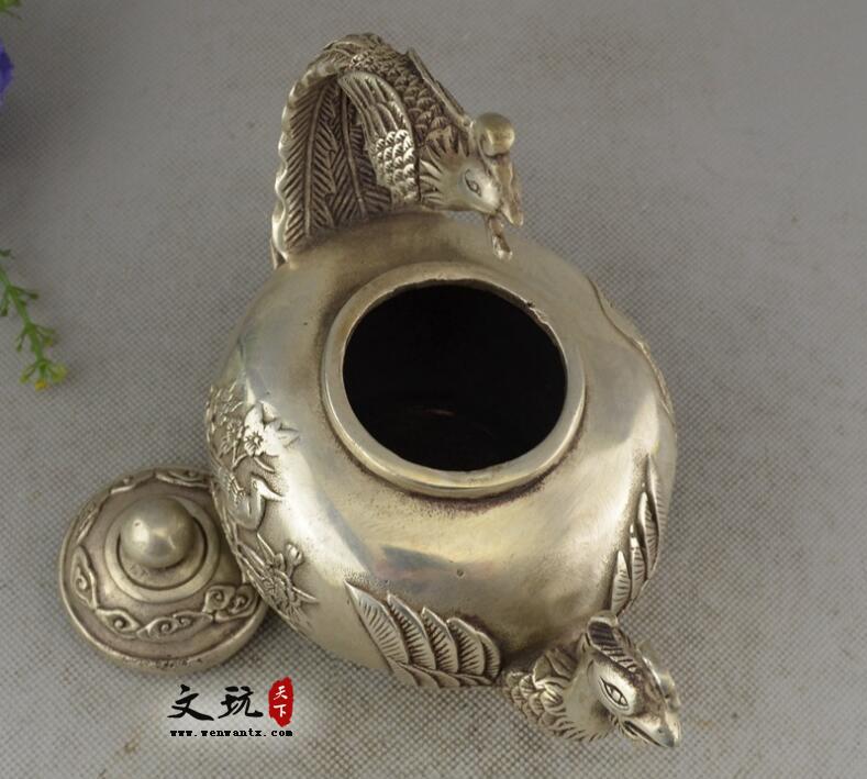 铜器收藏纯铜摆件白铜镀银黄铜 凤凰茶水壶酒壶-6