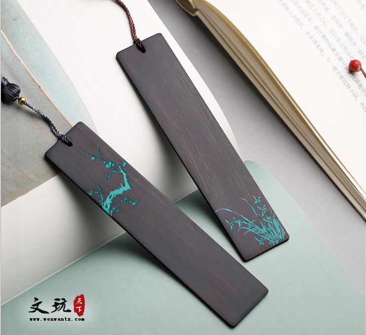 复古典中国风红木创意礼物 黑檀木质描绿文艺书签套装-5
