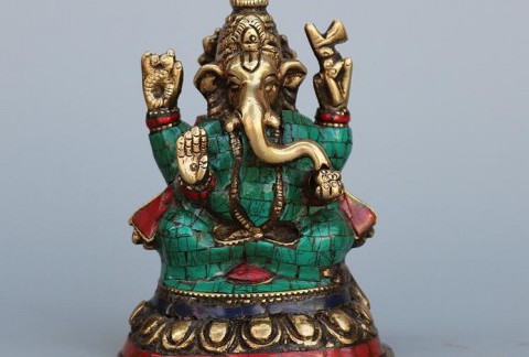 尼泊尔纯铜绿松石象鼻神摆件天目象密宗象财神佛像家居装饰收藏