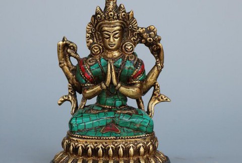 尼泊尔佛像古玩纯铜器四臂观音菩萨藏式四臂观音菩萨镶嵌绿松石